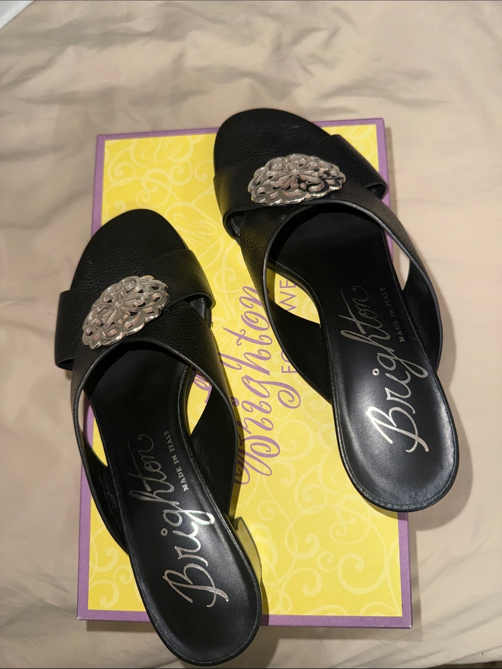 Brighton Black Leather Slide Mules with Silver Floral Accent